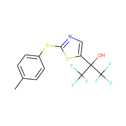 Cc1ccc(Sc2ncc(C(O)(C(F)(F)F)C(F)(F)F)s2)cc1 ZINC000064540277