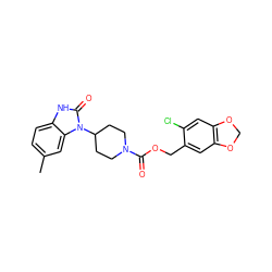 Cc1ccc2[nH]c(=O)n(C3CCN(C(=O)OCc4cc5c(cc4Cl)OCO5)CC3)c2c1 ZINC000013864294