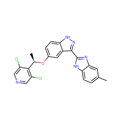 Cc1ccc2[nH]c(-c3n[nH]c4ccc(O[C@H](C)c5c(Cl)cncc5Cl)cc34)nc2c1 ZINC000653829550