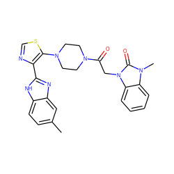 Cc1ccc2[nH]c(-c3ncsc3N3CCN(C(=O)Cn4c(=O)n(C)c5ccccc54)CC3)nc2c1 ZINC000143841802