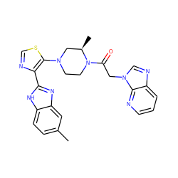 Cc1ccc2[nH]c(-c3ncsc3N3CCN(C(=O)Cn4cnc5cccnc54)[C@H](C)C3)nc2c1 ZINC000143806790