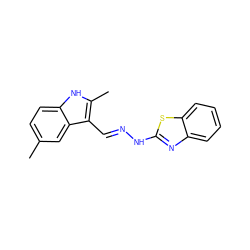 Cc1ccc2[nH]c(C)c(/C=N/Nc3nc4ccccc4s3)c2c1 ZINC000005101077