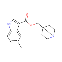 Cc1ccc2[nH]cc(C(=O)OCC34CCN(CC3)CC4)c2c1 ZINC001772610591