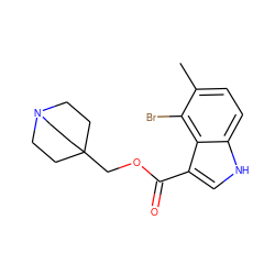 Cc1ccc2[nH]cc(C(=O)OCC34CCN(CC3)CC4)c2c1Br ZINC001772632977