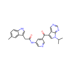 Cc1ccc2[nH]cc(CC(=O)Nc3cncc(C(=O)c4cn(C(C)C)c5ncncc45)c3)c2c1 ZINC000221754727