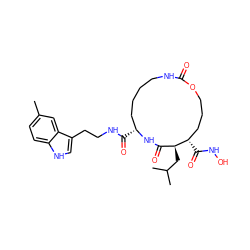 Cc1ccc2[nH]cc(CCNC(=O)[C@@H]3CCCCNC(=O)OCCC[C@H](C(=O)NO)[C@@H](CC(C)C)C(=O)N3)c2c1 ZINC000026580370