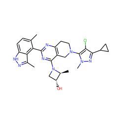 Cc1ccc2[nH]nc(C)c2c1-c1nc2c(c(N3C[C@@H](O)[C@@H]3C)n1)CN(c1c(Cl)c(C3CC3)nn1C)CC2 ZINC000149151379