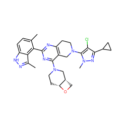 Cc1ccc2[nH]nc(C)c2c1-c1nc2c(c(N3CC[C@H]4OC[C@H]4C3)n1)CN(c1c(Cl)c(C3CC3)nn1C)CC2 ZINC000149132882