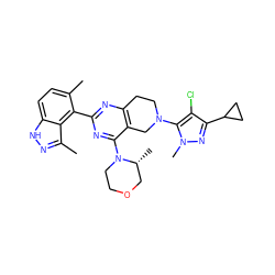 Cc1ccc2[nH]nc(C)c2c1-c1nc2c(c(N3CCOC[C@H]3C)n1)CN(c1c(Cl)c(C3CC3)nn1C)CC2 ZINC000146932936