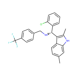 Cc1ccc2c([C@H](NCc3ccc(C(F)(F)F)cc3)c3ccccc3Cl)c(C)[nH]c2c1 ZINC000103244886