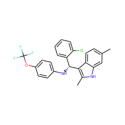 Cc1ccc2c([C@H](Nc3ccc(OC(F)(F)F)cc3)c3ccccc3Cl)c(C)[nH]c2c1 ZINC000103244852