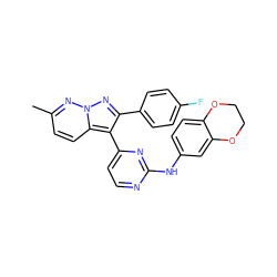 Cc1ccc2c(-c3ccnc(Nc4ccc5c(c4)OCCO5)n3)c(-c3ccc(F)cc3)nn2n1 ZINC000013582758