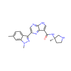 Cc1ccc2c(-c3cnc4[nH]cc(C(=O)N[C@]5(C)CCNC5)c4n3)nn(C)c2c1 ZINC000095604760