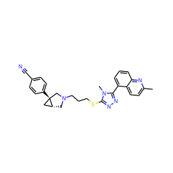 Cc1ccc2c(-c3nnc(SCCCN4C[C@@H]5C[C@]5(c5ccc(C#N)cc5)C4)n3C)cccc2n1 ZINC000049090008