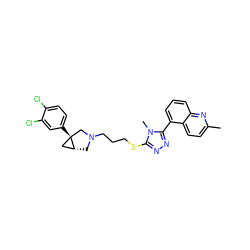 Cc1ccc2c(-c3nnc(SCCCN4C[C@@H]5C[C@]5(c5ccc(Cl)c(Cl)c5)C4)n3C)cccc2n1 ZINC000049033715