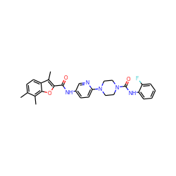 Cc1ccc2c(C)c(C(=O)Nc3ccc(N4CCN(C(=O)Nc5ccccc5F)CC4)nc3)oc2c1C ZINC000095590044