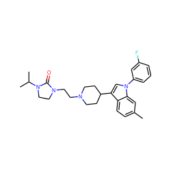 Cc1ccc2c(C3CCN(CCN4CCN(C(C)C)C4=O)CC3)cn(-c3cccc(F)c3)c2c1 ZINC000013731190