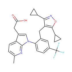 Cc1ccc2c(CC(=O)O)cn(-c3ccc(C(F)(F)F)cc3Cc3c(C4CC4)noc3C3CC3)c2n1 ZINC000208721239