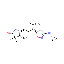 Cc1ccc2c(NC3CC3)noc2c1-c1ccc2c(c1)NC(=O)C2(C)C ZINC000073158803