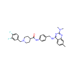 Cc1ccc2c(NCc3ccc(NC(=O)C4CCN(Cc5ccc(F)c(F)c5)CC4)cc3)nc(N(C)C)nc2c1 ZINC000145953509