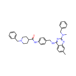 Cc1ccc2c(NCc3ccc(NC(=O)C4CCN(Cc5ccccc5)CC4)cc3)nc(N(C)Cc3ccccc3)nc2c1 ZINC000144444271