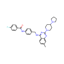 Cc1ccc2c(NCc3ccc(NC(=O)c4ccc(F)cc4)cc3)nc(N3CCC(N4CCCC4)CC3)nc2c1 ZINC000142940809