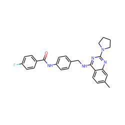 Cc1ccc2c(NCc3ccc(NC(=O)c4ccc(F)cc4)cc3)nc(N3CCCC3)nc2c1 ZINC000045256025