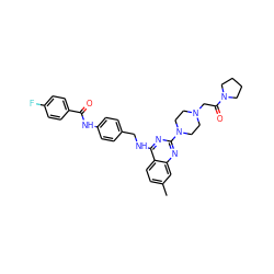 Cc1ccc2c(NCc3ccc(NC(=O)c4ccc(F)cc4)cc3)nc(N3CCN(CC(=O)N4CCCC4)CC3)nc2c1 ZINC000143820915