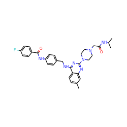 Cc1ccc2c(NCc3ccc(NC(=O)c4ccc(F)cc4)cc3)nc(N3CCN(CC(=O)NC(C)C)CC3)nc2c1 ZINC000144055728