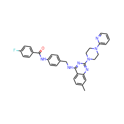 Cc1ccc2c(NCc3ccc(NC(=O)c4ccc(F)cc4)cc3)nc(N3CCN(c4ccccn4)CC3)nc2c1 ZINC000144915837