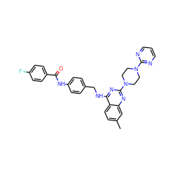 Cc1ccc2c(NCc3ccc(NC(=O)c4ccc(F)cc4)cc3)nc(N3CCN(c4ncccn4)CC3)nc2c1 ZINC000145178641