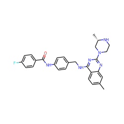 Cc1ccc2c(NCc3ccc(NC(=O)c4ccc(F)cc4)cc3)nc(N3CCN[C@@H](C)C3)nc2c1 ZINC000145956348