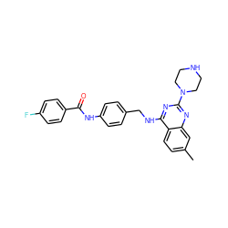 Cc1ccc2c(NCc3ccc(NC(=O)c4ccc(F)cc4)cc3)nc(N3CCNCC3)nc2c1 ZINC000045258594