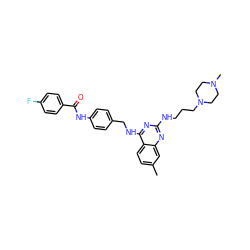 Cc1ccc2c(NCc3ccc(NC(=O)c4ccc(F)cc4)cc3)nc(NCCCN3CCN(C)CC3)nc2c1 ZINC000144579983