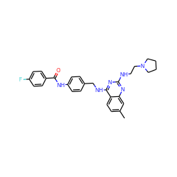 Cc1ccc2c(NCc3ccc(NC(=O)c4ccc(F)cc4)cc3)nc(NCCN3CCCC3)nc2c1 ZINC000142701134