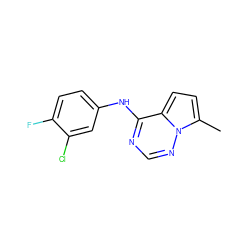 Cc1ccc2c(Nc3ccc(F)c(Cl)c3)ncnn12 ZINC000013581402