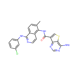 Cc1ccc2c(Nc3cccc(Cl)c3)nccc2c1NC(=O)c1csc2c(N)ncnc12 ZINC000146075882