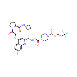 Cc1ccc2c(OCC(=O)N3CCC[C@H]3C(=O)NC3CCC3)cc(C(=O)NCC(=O)N3CCN(C(=O)OCCC(F)(F)F)CC3)nc2c1 ZINC000169701300