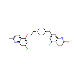 Cc1ccc2c(OCCN3CCC(Cc4cc(F)c5c(c4)NC(=O)CO5)CC3)cc(Cl)cc2n1 ZINC000028887302