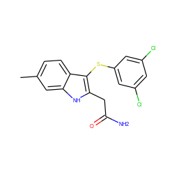 Cc1ccc2c(Sc3cc(Cl)cc(Cl)c3)c(CC(N)=O)[nH]c2c1 ZINC000095583243