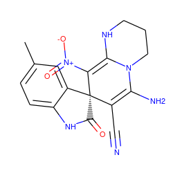 Cc1ccc2c(c1)[C@]1(C(=O)N2)C(C#N)=C(N)N2CCCNC2=C1[N+](=O)[O-] ZINC000653689400