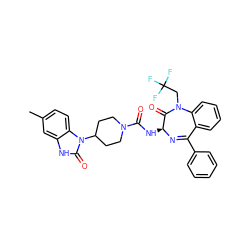 Cc1ccc2c(c1)[nH]c(=O)n2C1CCN(C(=O)N[C@@H]2N=C(c3ccccc3)c3ccccc3N(CC(F)(F)F)C2=O)CC1 ZINC000036177861