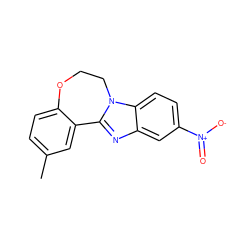 Cc1ccc2c(c1)-c1nc3cc([N+](=O)[O-])ccc3n1CCO2 ZINC000299857063