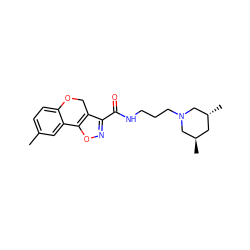 Cc1ccc2c(c1)-c1onc(C(=O)NCCCN3C[C@H](C)C[C@@H](C)C3)c1CO2 ZINC000020105360