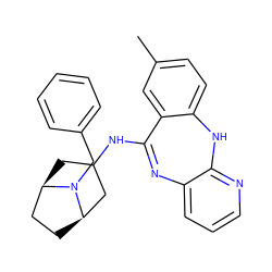 Cc1ccc2c(c1)C(NC1C[C@@H]3CC[C@H](C1)N3Cc1ccccc1)=Nc1cccnc1N2 ZINC000013492092