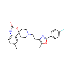 Cc1ccc2c(c1)C1(CCN(CCc3nc(-c4ccc(F)cc4)oc3C)CC1)OC(=O)N2 ZINC000029483791