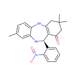 Cc1ccc2c(c1)N[C@H](c1ccccc1[N+](=O)[O-])C1=C(CC(C)(C)CC1=O)N2 ZINC000043076252