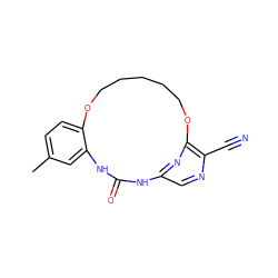 Cc1ccc2c(c1)NC(=O)Nc1cnc(C#N)c(n1)OCCCCCO2 ZINC000028826255