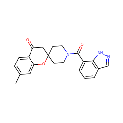 Cc1ccc2c(c1)OC1(CCN(C(=O)c3cccc4cn[nH]c34)CC1)CC2=O ZINC000049067416