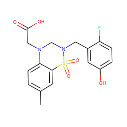 Cc1ccc2c(c1)S(=O)(=O)N(Cc1cc(O)ccc1F)CN2CC(=O)O ZINC000653850810